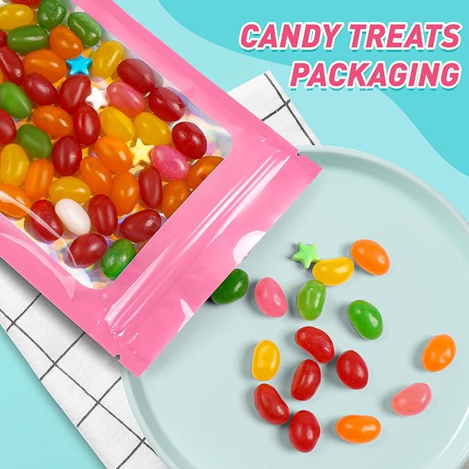 Funfery 300 Pack Smell Proof Resealable Bags for Food Storage,Holographic Bags 4x6 Pink Mylar Clear Packaging Bag- Scent Proof for Cookies, Zip Foil Pouch for Small Business