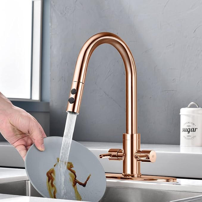 Kitchen Faucet, Two Handles Sink Faucet with Sprayer, Stainless Steel, Copper Rose Gold, PB1048