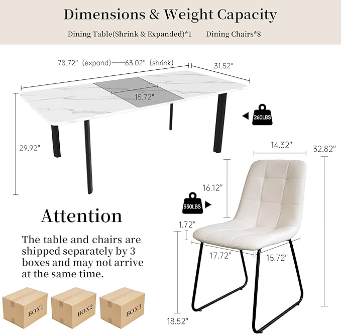 Extendable Dining Table Set for 6-8 People, 63 to 78.7 Inch MDF Kitchen Table with 8 Faux Leather Dining Chairs, Space-Saving for Dining Room, Breakfast Nook (White Table & 8 White Leather Chairs)