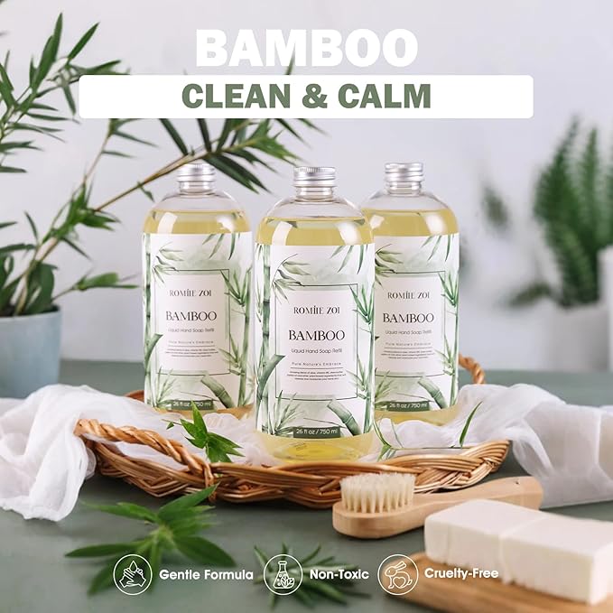ROMIIE ZOI Liquid Hand Soap Refills Set – Bamboo Scent – 750ML x 3 Bottles Refill – Gentle Formula with Essential Oils – Biodegradable & Cruelty-Free for Sensitive Skin, Kitchen & Bathroom