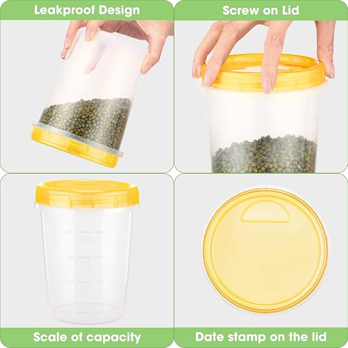 24 Pcs 32 oz Food Storage Freezer Container with Twist Top Lids Reusable Plastic Soup Food Containers with Screw on Lids Leakproof Round Containers for Juice Condiments Fruit Snacks Leftovers(Yellow)