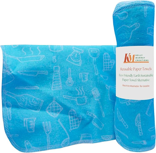 Pack of 10 Reusable Paper Towels | 10x10 Inch Cotton Towels | Kitchen Utensils Print | Eco Friendly, Washable, Quick Drying | Sustainable Cleaning Cloths | Blues Design