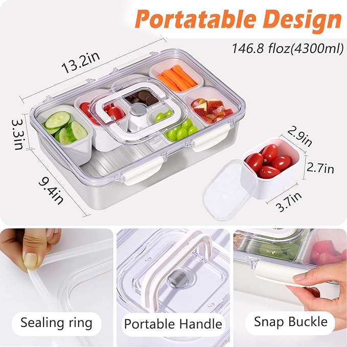 Snackle Box Container,Dishwasher Safe Snack Tray with Lid,Stainless Steel Divided Serving Tray with Lid,8 Compartments with Transparent Lids,Perfect for Travel Party