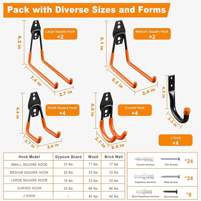 Garage Hooks, 20-Pack Steel Garage Accessories for Organization and Storage, Heavy Wall Mount Duty Hooks with Anti-Slip Coating for Hanging Ladder, Bike, Power Tools and More Tools, Orange