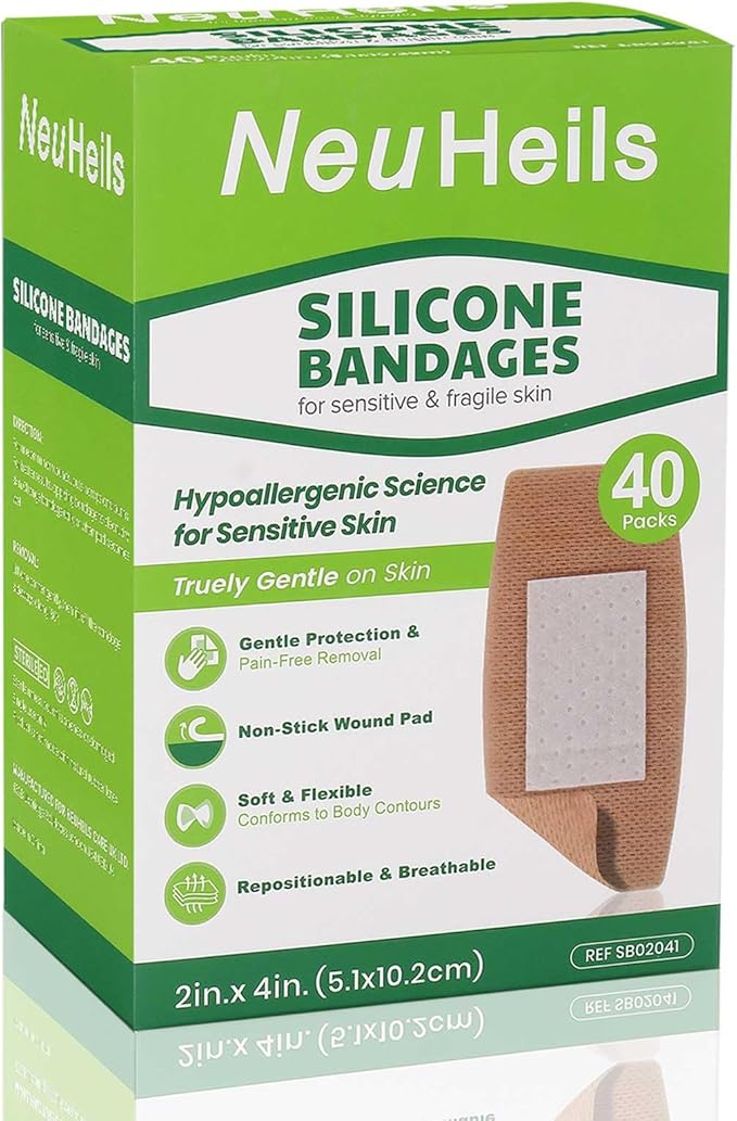 NeuHeils Silicone Adhesive Bandages for Sensitive Skin – Large 2x4 Inch (40 Count) | Hypoallergenic & Waterproof Wound Care | Pain-Free Removal, Non-Stick Pad, Gentle for Fragile Skin