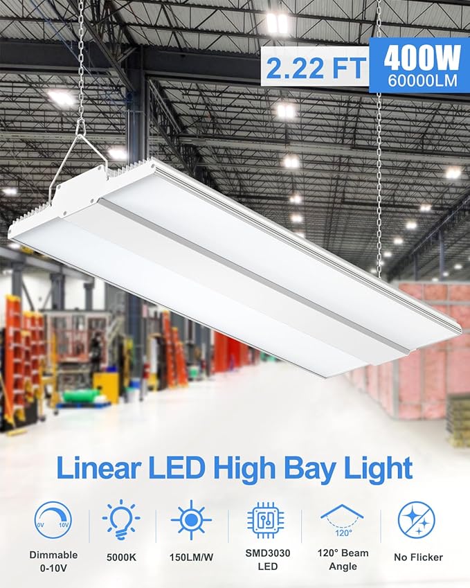 400W LED High Bay Shop Light 60,000LM, 2.2FT High Bay LED Warehouse Light UL DLC Listed Dimmable 0-10V, 5000K Linear Haning Shop Light Fixture, Commercial Bay Lighting for Factory Garage AC100-277V