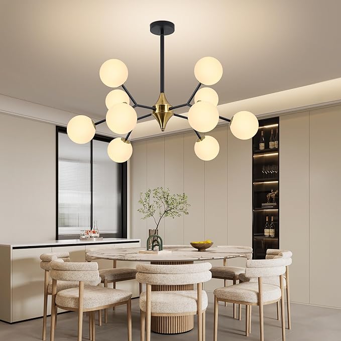 COCOSTAR Dining Room Chandelier, 10 Lights Modern Ceiling Light Fixture, Sputnik Chandelier, Chandeliers Over Table, Milk Globe, Black and Gold, G9 Base