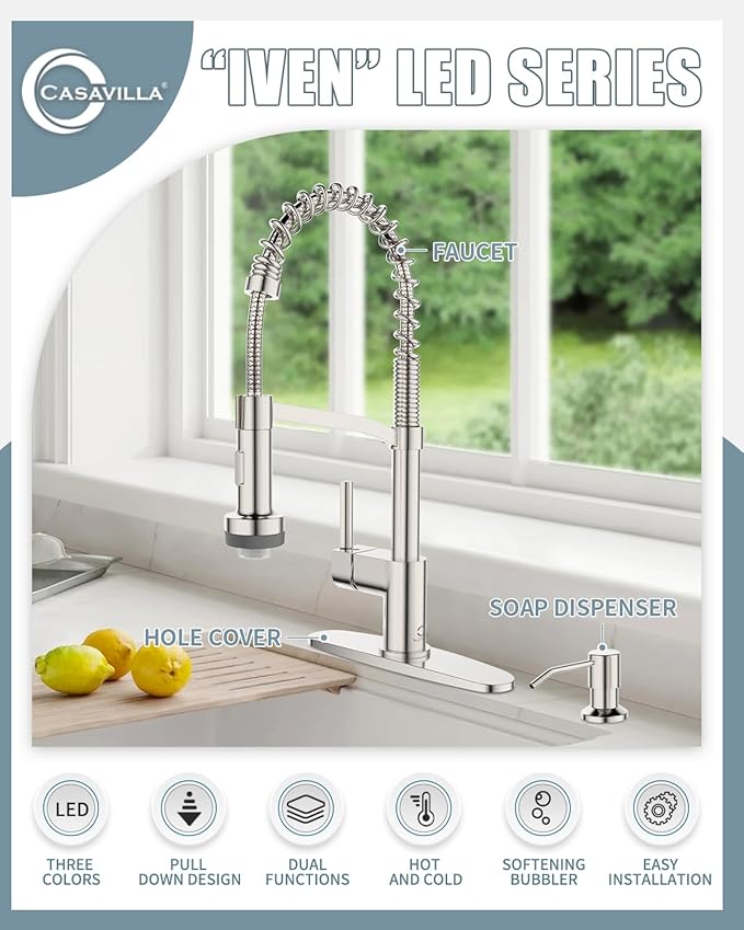 Kitchen Faucet with Soap Dispenser, LED Kitchen Faucet, Faucet for Kitchen Sink, Single Handle Stainless Steel Camper Farmhouse RV Sink Faucets with Pull Down Sprayer, Nickel Brushed