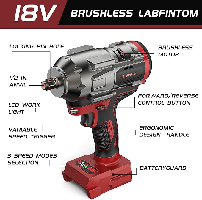 Cordless Impact Wrench 1/2 inch for Milwaukee 18V Battery, 900Ft-lbs(1200N.m) High Torque Impact Driver, Brushless Impact Gun with 4-Mode Speed, 6 Sockets, LED Work Light (Battery NOT included)