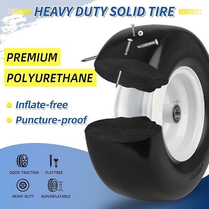 13x6.50-6 Flat Free Lawn Mower Tire and Wheel, Solid Smooth Zero Turn Mower Front Tire Assembly, with 3/4" & 5/8" Bearing, 4"-6.5" Centered Hub, Compatible with Lawnmower Garden Tractor, 2 Pack