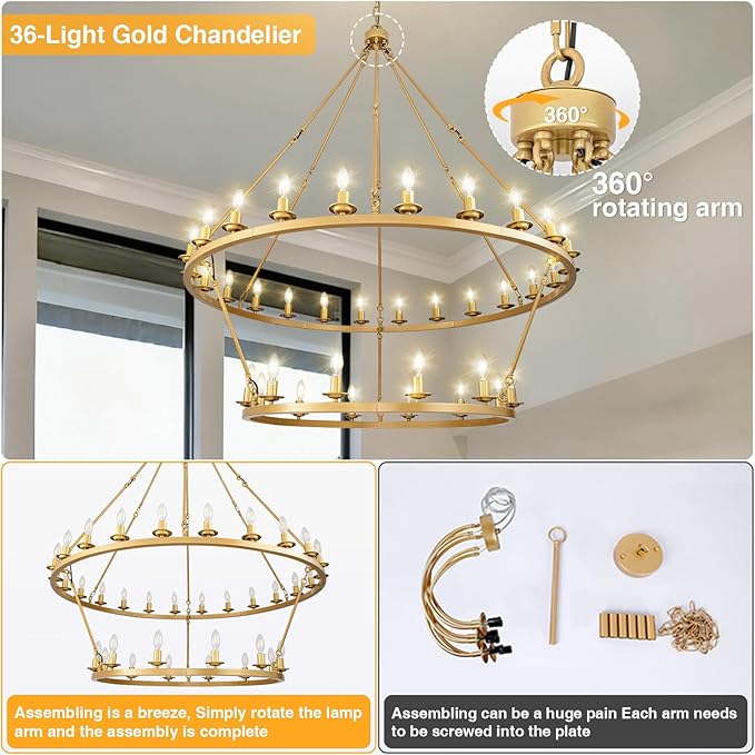 Wagon Wheel Chandelier, 2-Tier 36-Light Gold Extra Large Modern Rustic Farmhouse Chandelier Adjustable Height Light for High Ceiling Living Room, Entryways, Foyer, Dining Room
