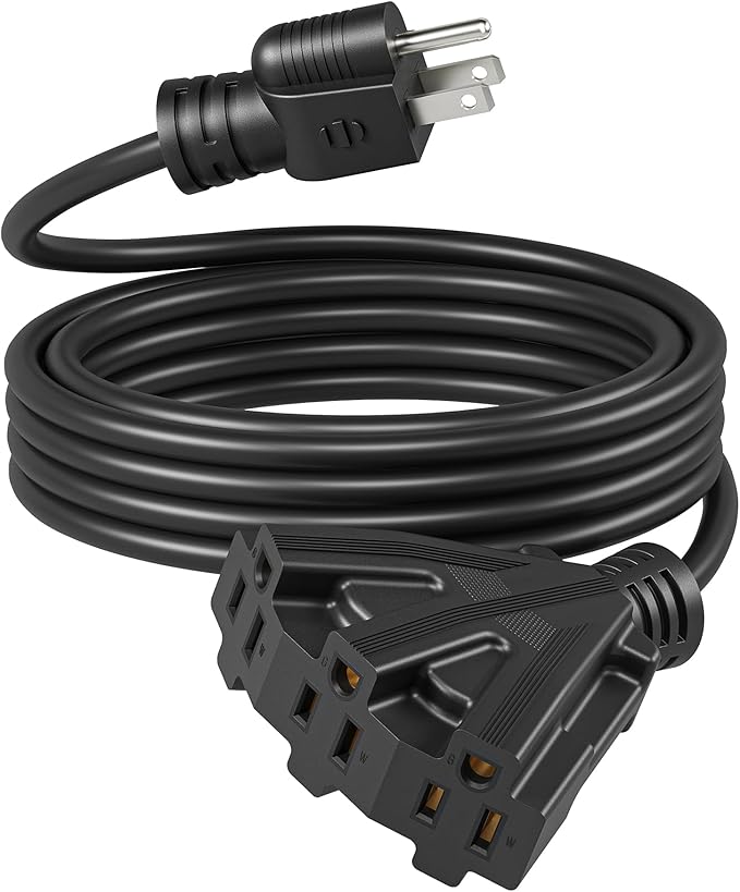 DEWENWILS 15FT Outdoor Extension Cord, Tri-Tap Extension Cord Splitter, 3 Outlet 16/3 SJTW Power Cable for Landscape Lighting Halloween String Lights, 13A/125V/1625W, ETL Listed, Black, 1 Pack