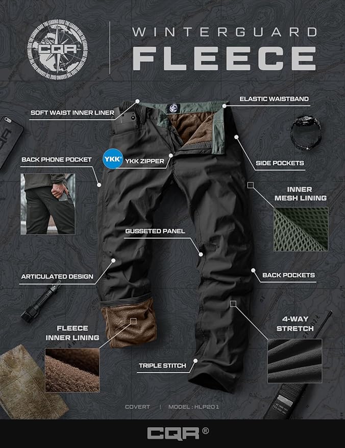 CQR Men's Winter Fleece Lined Pants, Water-Resistant Outdoor Stretch Work Pants, Windproof Casual Pants with Pockets