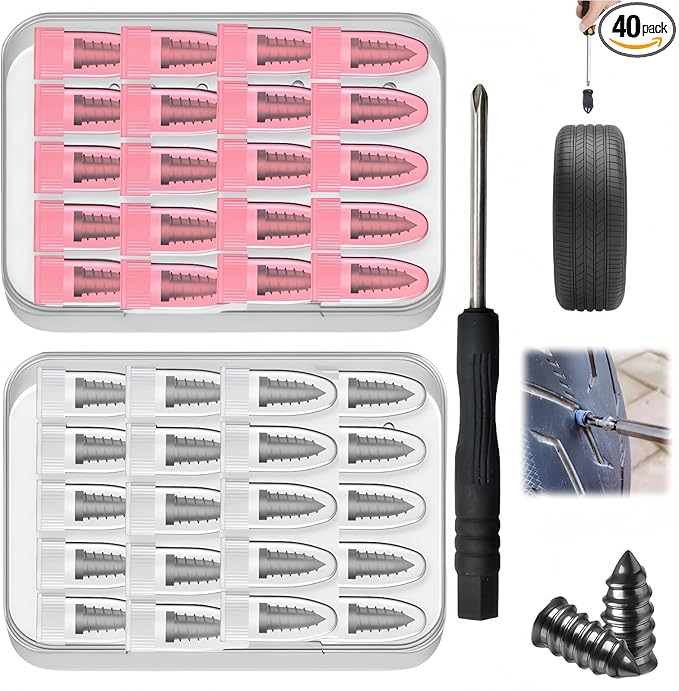 Tire Plug Screw Kit for Car, SUV & Truck - Durable Tire Repair with Screwdriver, Permanent On The Road Emergency Flat Tire Puncture Repair, Easy DIY Use, No Need to Take Off Tire (40pcs)