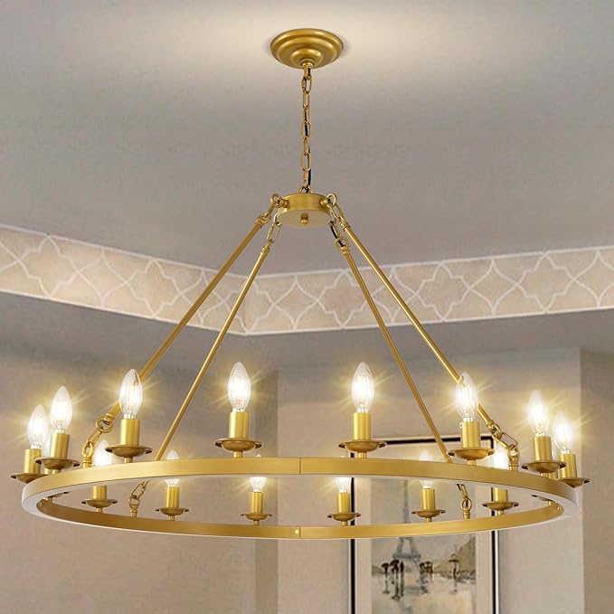 Wagon Wheel Chandelier, 16-Light Gold Modern Rustic Large Farmhouse Chandelier Adjustable Height Light for Ceiling Living Room, Entryways, Foyer, Dining Room, Kitchen