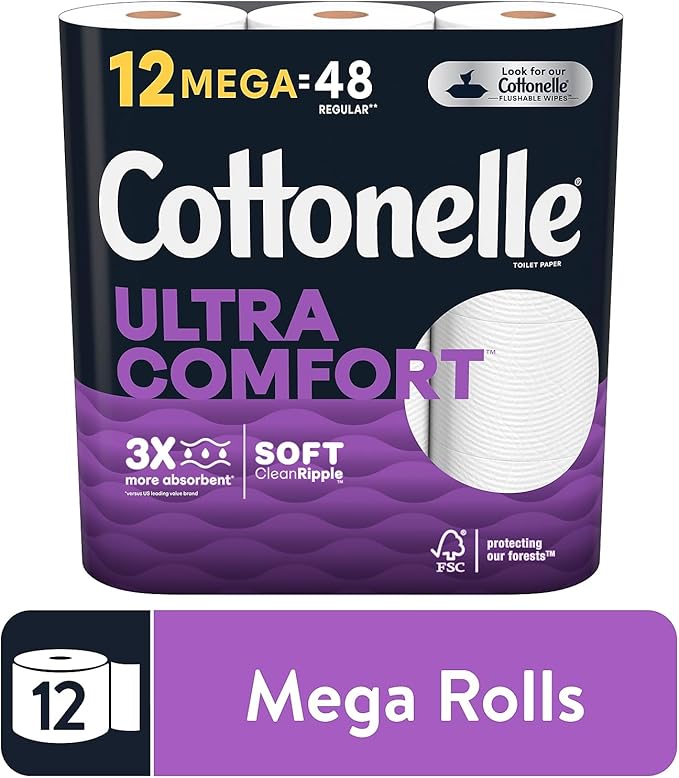 Cottonelle Ultra ComfortCare Toilet Paper - Beige, Mega Rolls (12 = 48 Regular), Soft Bath Tissue, 3408 Sheets