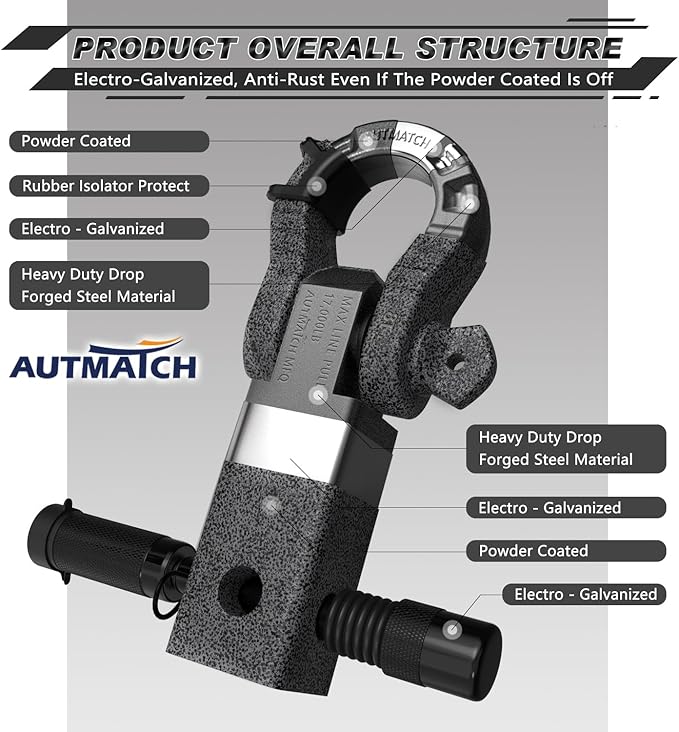 AUTMATCH Shackle Hitch Receiver 2" with 3/4" Mega D Ring Shackle and 5/8" Trailer Hitch Lock Pin, 68,000 Lbs Break Strength Heavy Duty Receiver Towing Kit for Off-Road Vehicle Recovery, Grainstone