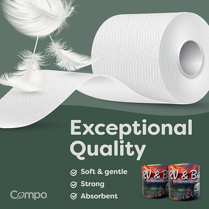 Compo Boat & RV Toilet Paper, 100% Bamboo Toilet Paper for Marine, Motor Homes and Travel Camper Use, Rapid Dissolve, Septic Safe, Plastic Free Packaging, 308 2-Ply Sheets per Roll (48 Compact Rolls)