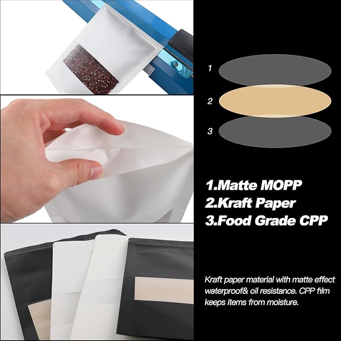 100 Pack Bags, Resealable Bags with Clear Window, Stand-up Bags for Sealing Storage, Scratch Resistant Hand Storage Bags. (White, 6.3×9.45 Inch)