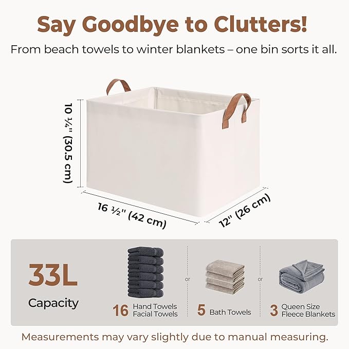 StorageWorks Fabric Storage Bins, Large Storage Baskets for Shelves, Closet Organizers and Storage Bins with Metal Frame, Handles, Natural Color, 2-Pack