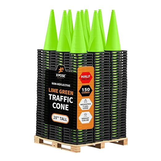 Xpose Safety 28 Inch Lime Traffic Cones - Bulk Half Pallet 150 Pack - Premium PVC Safety Cone for Parking, Caution, Construction, Road Crews, Emergency Vehicle - DOT Approved
