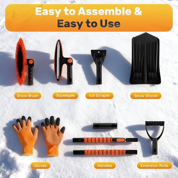 55'' Detachable Snow Shovel with Extendable Ice Scraper & Snow Brush - Snow Scraper with Ergonomic Foam Grip and 270° Pivoting Brush Head for Car Truck SUV Windshield Window & Winter Accessories