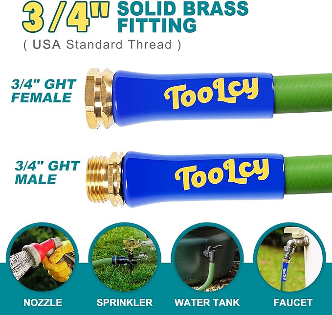 TOOLCY Garden Hose 100 ft x 5/8", Heavy Duty Water Hose, Lightweight, All-weather, Durable Hose with Swivel & Solid Brass Male to Female Fittings,Green