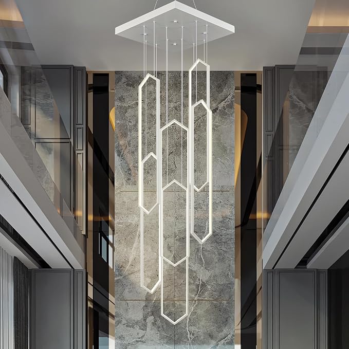 Modern Adjustable Height Chandelier White 4000K LED Pendant Lights 6 Rings Rectangular Celling Light Staircase Large Chandelier for High Ceilings Foyer Entryway