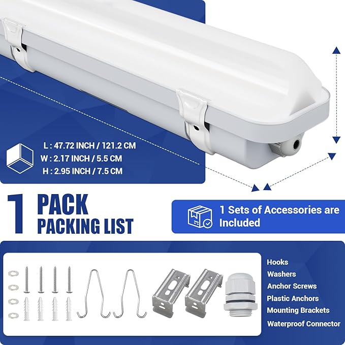 4FT LED Vapor Tight Light 60W/50W/40W,4000K/5000K/6000K CCT Selectable 7800lm (150W Eq.) IP65 Waterproof Outdoor Shop Light LED Vapor Proof Fixture for Car Wash, Parking Lot, Garage 1-Pack