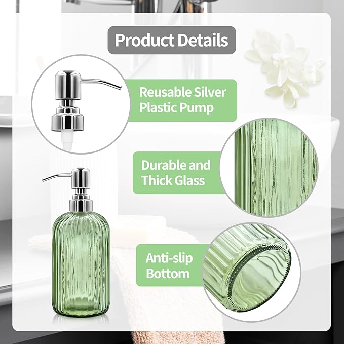 18 Oz Glass Soap Dispenser with Stainless Steel Pump, Modern Ribbed Design Refillable Liquid Soap Bottle for Bathroom, Kitchen, Hand Soap, Dish Soap, or Lotion (Light Green)
