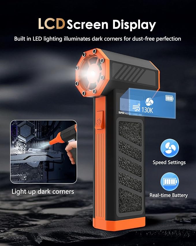 Electric Air Duster - OVVGO Compressed Air Duster Cordless Air Blower Rechargeable, 130000RPM 4-Gear Adjustable Dust Blower with LED Light Portable Duster for Cleaning Computer Keyboard Car Outdoor