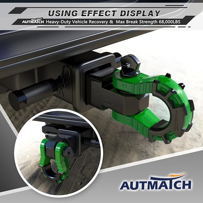 AUTMATCH Shackle Hitch Receiver 2" with 3/4" Mega D Ring Shackle and 5/8" Trailer Hitch Lock Pin, 68,000 Lbs Break Strength Heavy Duty Receiver Kit for Off-Road Vehicle Recovery, Black & Dark Green