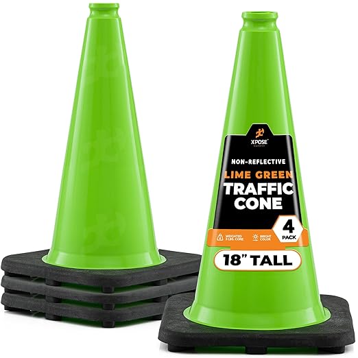 Xpose Safety 18” Lime Green Traffic Cone - 4 Pack - Premium PVC Safety Cone for Parking, Caution, Construction, Road Crews, Emergency Vehicle - DOT Approved