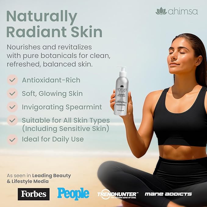 Ahimsa Natural Body Wash for Women, Hydrating & Moisturizing Body Wash Sensitive Skin, Antioxidant-Rich Bath & Shower Gels with Spearmint & Ginger, Gentle, Plant-Based, Organic Formula, 10oz