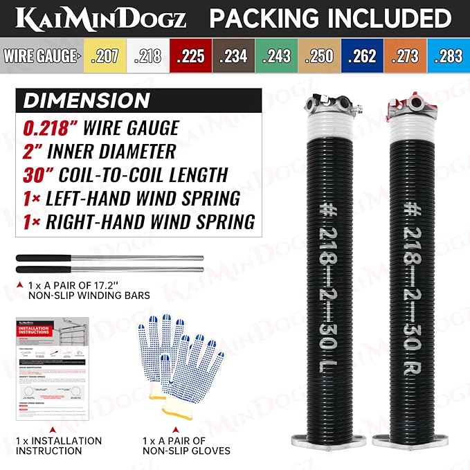 Pair of 2" Garage Door Torsion Springs Set with Non-Slip Winding Bar & Gloves,High Precision Electrophoresis Black Coated, for Replacement & Installation, MIN 16,000 Cycles (0.218x2''x30'')