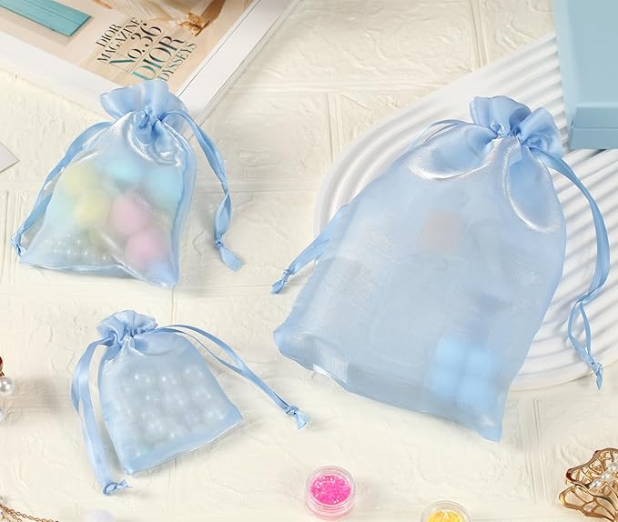 QIANF 20 Pcs Blue Small Organza Bags 6X9 inch for Wedding Favors with Drawstring, Mini Mesh Gift Bags Jewelry Pouch for Candy Bridal Shower Party Favor Baby Shower Christmas