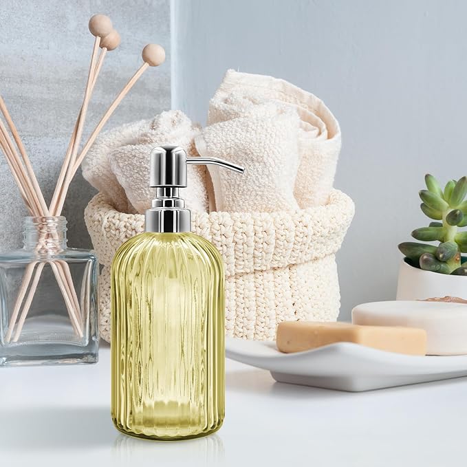 18 Oz Glass Soap Dispenser with Stainless Steel Pump, Modern Ribbed Design Refillable Liquid Soap Bottle for Bathroom, Kitchen, Hand Soap, Dish Soap, or Lotion (Yellow)