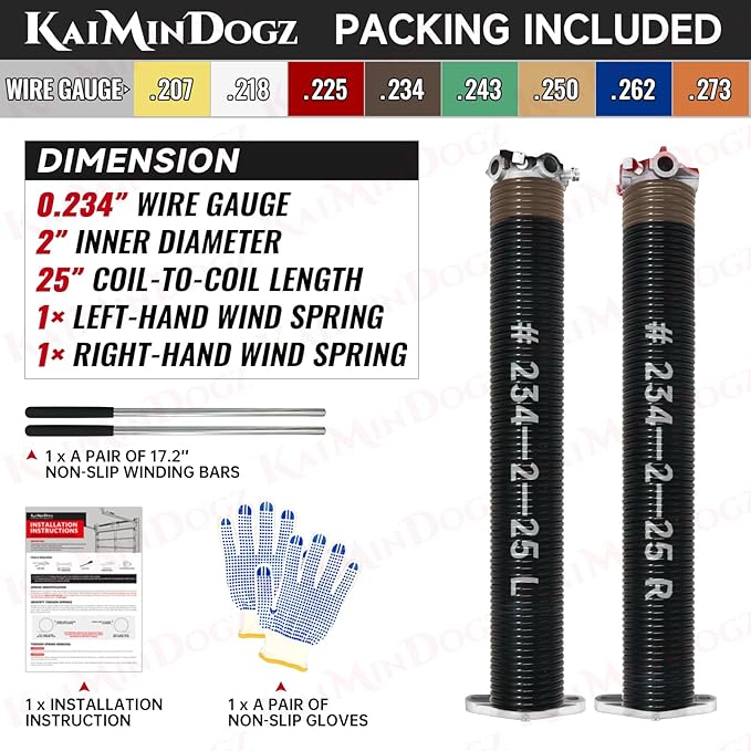 Pair of 2" Garage Door Torsion Springs Set with Non-Slip Winding Bars & Gloves, High Quality Precision Electrophoresis Black Coated, for Replacement & Installation, MIN 16,000 Cycles (0.234x2''x25'')