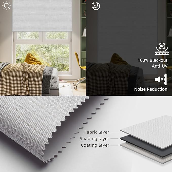 SmartWings Motorized Roller Shades Work with Homekit, Alexa Google, 100% Blackout Smart Blinds for Windows, Cordless Remote Control Window Shades, Safari White, Customized Size