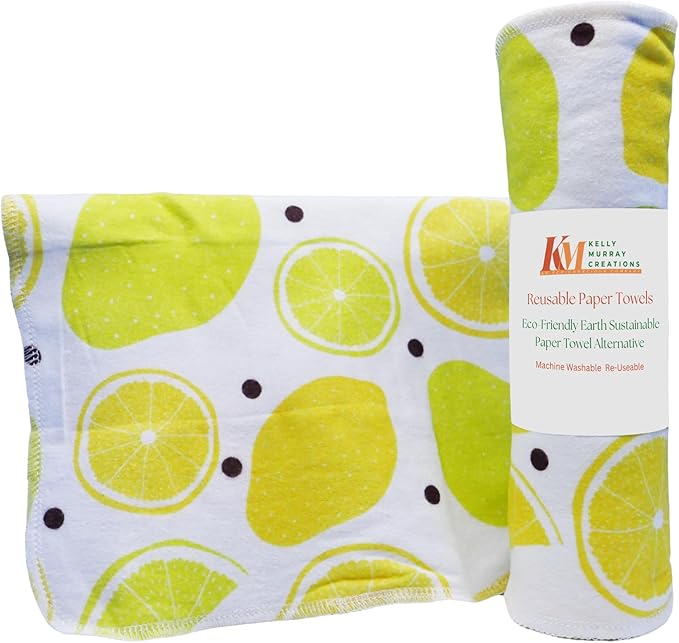 Pack of 10 Reusable Paper Towels | 10x10 Inch Cotton Towels | Kitchen Utensils Print | Eco Friendly, Washable, Quick Drying | Sustainable Cleaning Cloths | Lemons