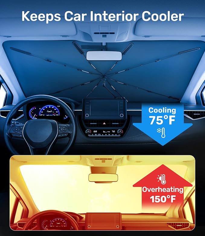Zanch 2025 Upgraded Car Windshield Sun Shade [Cool Down by 75℉ ] with Heat Insulation Coating, Foldable Sunshade Umbrella with Flexible Handle & Ribs, XL (40''x61'') for Super Large SUV, Truck, Van