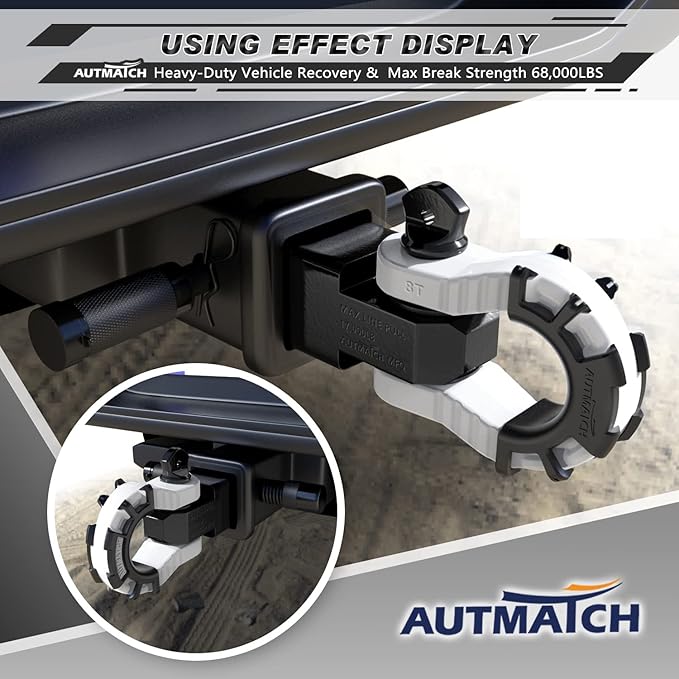 AUTMATCH Shackle Hitch Receiver 2" with 3/4" Mega D Ring Shackle and 5/8" Trailer Hitch Lock Pin, 68,000 Lbs Break Strength Heavy Duty Receiver Towing Kit for Off-Road Vehicle Recovery, Black & White