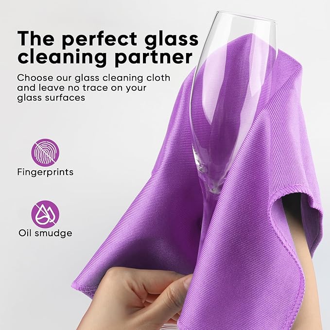 HOMEXCEL Microfiber Glass Cleaning Cloths 6 PK, Lint Free Streak Free, Reusable Microfiber Cleaning Cloth for Cleaning Windows, Glasses, Mirrors, Screens, Stainless Steel, and More Purple-14×16"