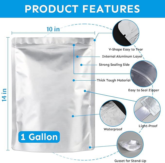 Mylar Bags 1Gallon 100PCS 14"X10" for Food Storage with Oxygen Absorbers&Labels,10Mil Thick Resealable Zipper&Heat Sealable Stand Up Bags for Long Term Food Storage,Dried Food,BPA Free