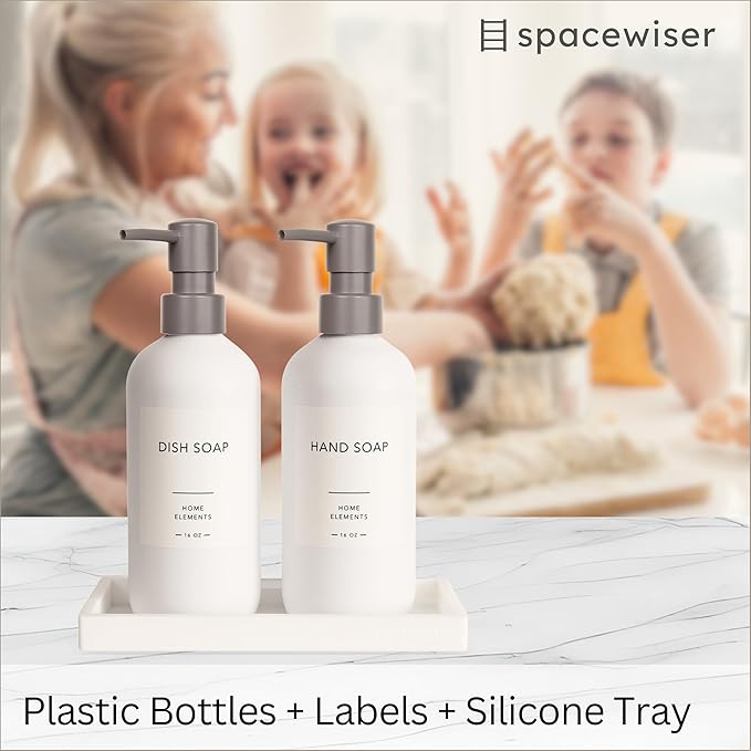 Plastic Soap Dispenser Set - PET Plastic Dish Soap Dispenser for Kitchen, Hand Soap Lotion Bottles with Pump Dispenser for Bathroom, Includes 8 Waterproof Labels, 16 oz, White Silicone Tray
