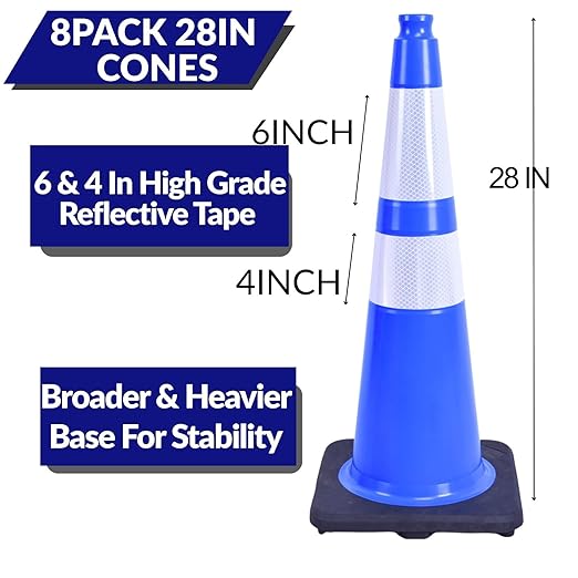 BESEA 8PACK 28 inch Traffic Safety Cones Blue Road Parking Cones 28" Heavy Duty Construction Cone Structurally Stable for Traffic Control at Public Place(8PCS)
