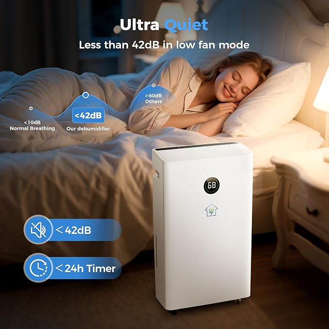 6,500 Sq Ft Smart Home Dehumidifier with Drain Hose, 1.45 Gallons Water Tank, 24 Hr Timer, 60 Pints, High Efficiency Compressor for Large Rooms,Basements, Bathrooms and Bedrooms