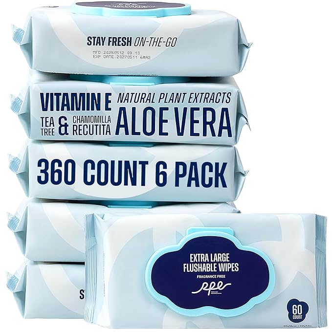 Flushable Wet Wipes - 6 Large Packs (360 Ct) - Unscented Extra-Large Body & Hand Tissue with Vitamin E & Aloe - For Adults, Children & Kids - Ideal for Home, Bathroom, Car & Everyday Hygiene