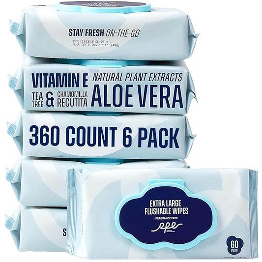 Flushable Wet Wipes - 6 Large Packs (360 Ct) - Unscented Extra-Large Body & Hand Tissue with Vitamin E & Aloe - For Adults, Children & Kids - Ideal for Home, Bathroom, Car & Everyday Hygiene