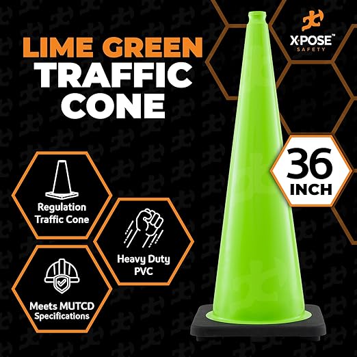 Xpose Safety 36” Lime Green Traffic Cone - 252 Pack - Premium PVC Safety Cone for Parking, Caution, Construction, Road Crews, Emergency Vehicle - MUTCD Compliant - DOT Approved